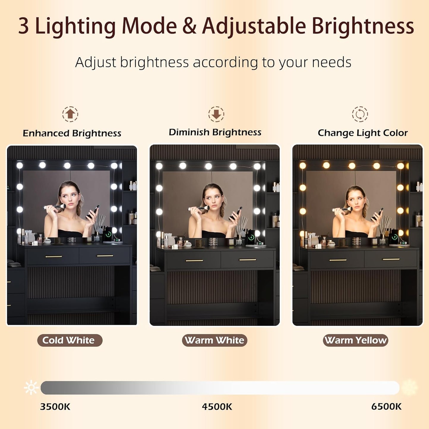 Makeup Desk: Black Vanity with Mirror, Lights & USB Charging