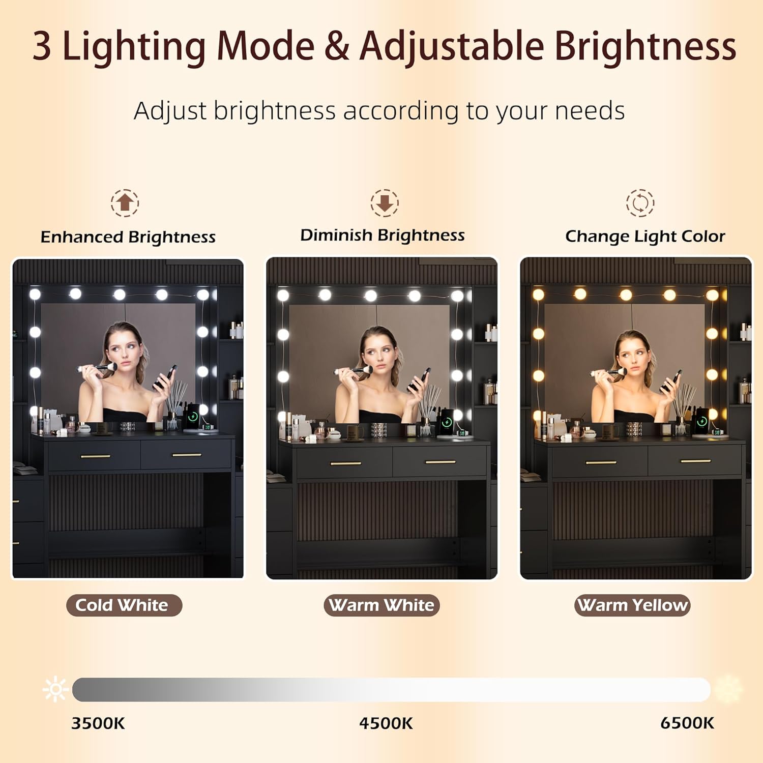 Makeup Desk: Black Vanity with Mirror, Lights & USB Charging