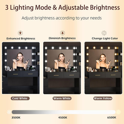 Makeup Desk: Black Vanity with Mirror, Lights & USB Charging
