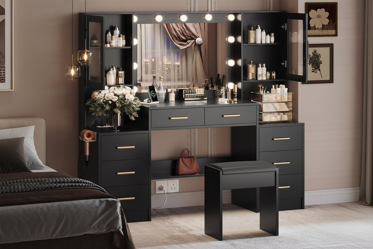 Makeup Desk: Black Vanity with Mirror, Lights & USB Charging