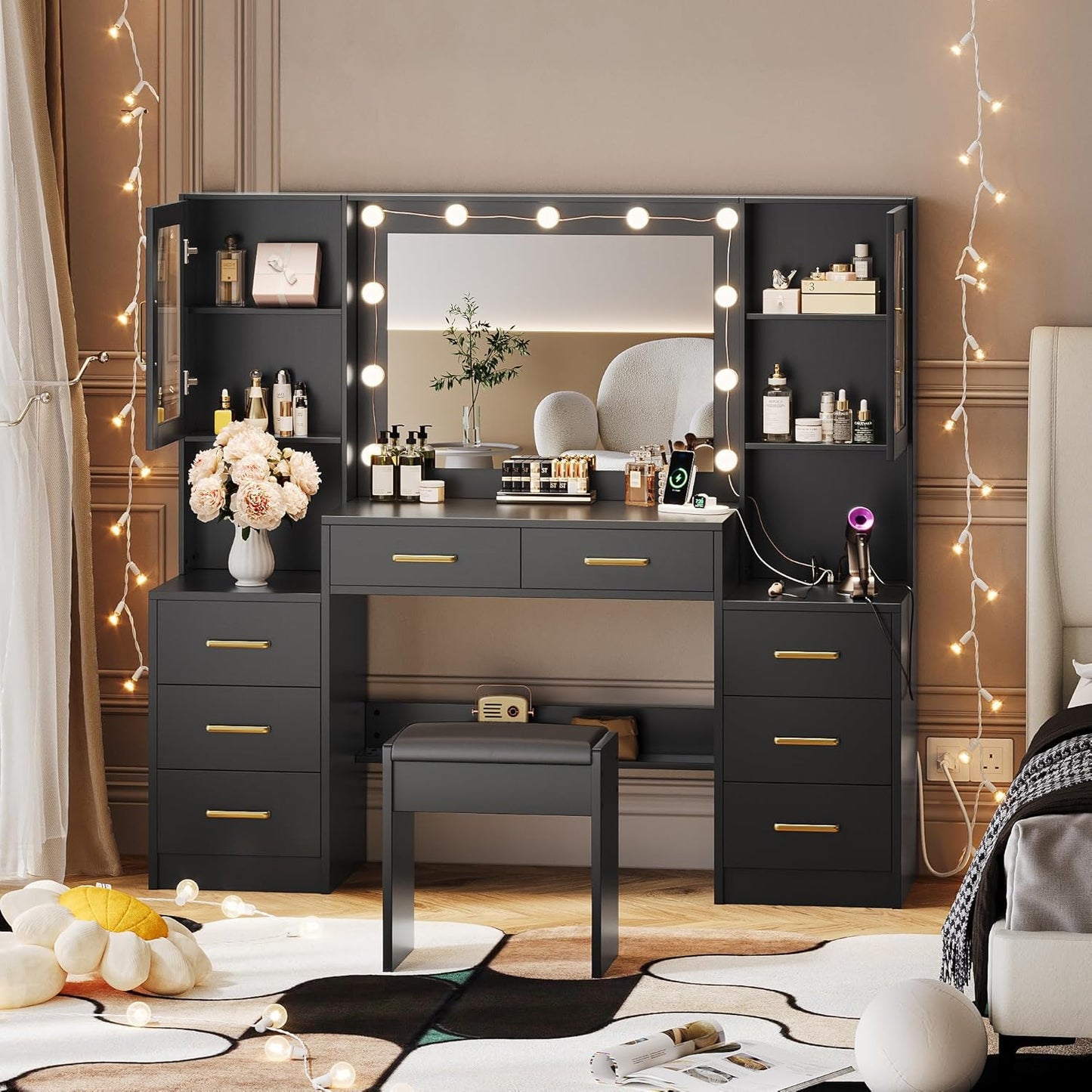 Makeup Desk: Black Vanity with Mirror, Lights & USB Charging