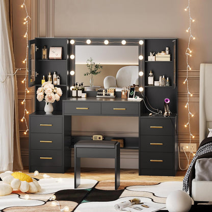 Makeup Desk: Black Vanity with Mirror, Lights & USB Charging