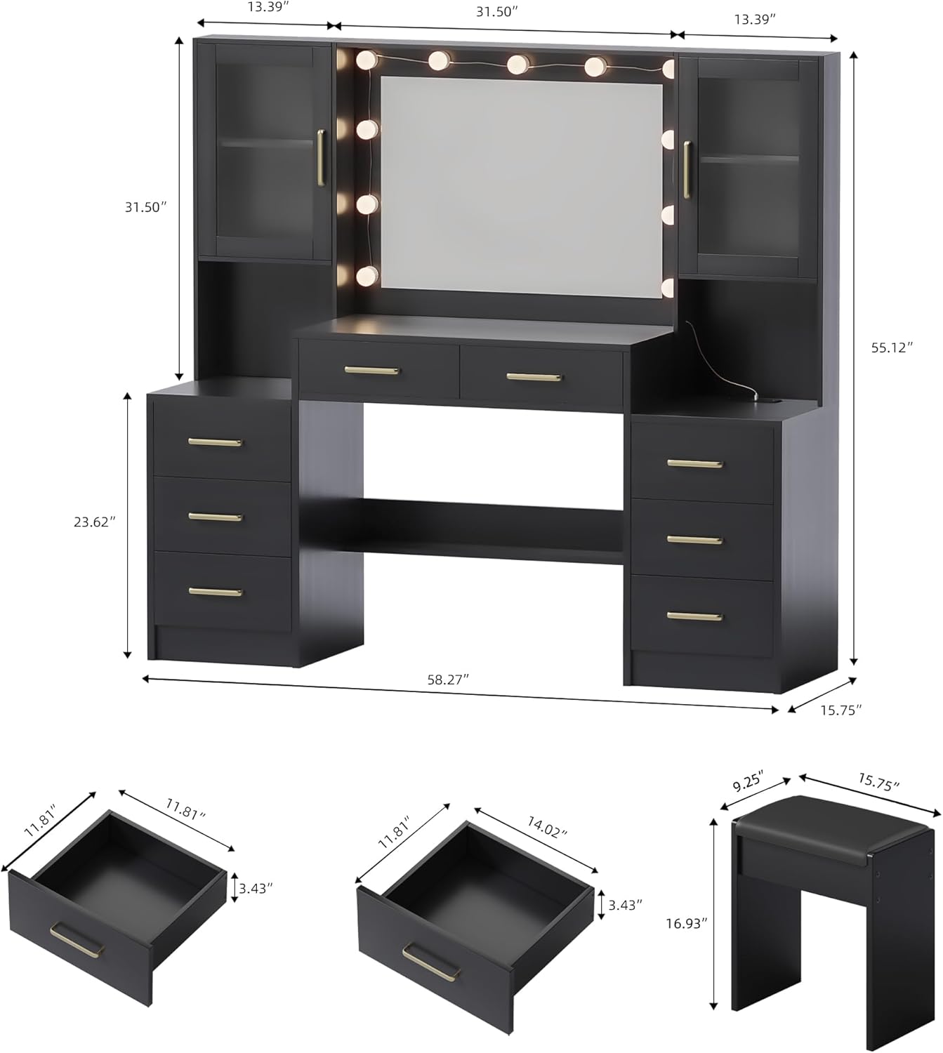 Makeup Desk: Black Vanity with Mirror, Lights & USB Charging
