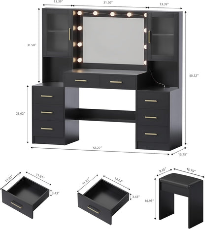 Makeup Desk: Black Vanity with Mirror, Lights & USB Charging